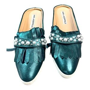 Karl Lagerfeld metallic green and pearl vintage shoe mules size 8